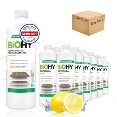 Afbeelding van BiOHY Schoonmaakmiddel voor dweilrobots (12 x 1l Fles) Vloerreiniger houten vloeren zoals parket &amp; laminaat streeploze glans concentraat met frisse geur (Wischroboter Holz)