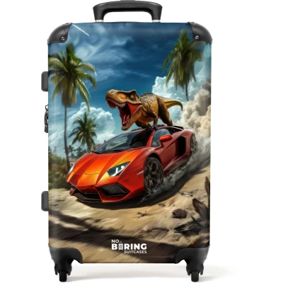 Afbeelding van NoBoringSuitcases.com® Kinderkoffer jongen Kindertrolley jongens Rode sportauto met dino raast door tropisch strand Koffer kind groot Rolkoffer lichtgewicht Reiskoffer 4 wielen Grote trolley XL 20 kg bagage