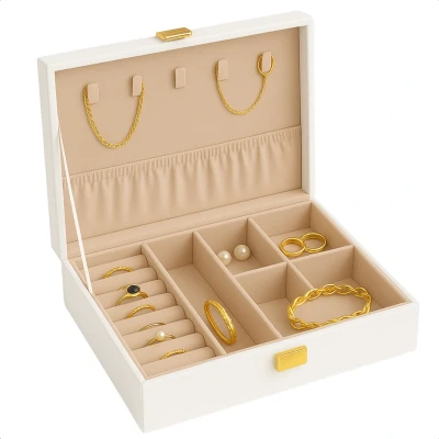 Afbeelding van Cheqo® Sieradendoos Kunstleer Bijouteriedoos Sieradenkoffer Juwelendoos Sieraden Organizer Wit Doos Sieradendoosje Met Kettinghaakjes en Ringklemmen