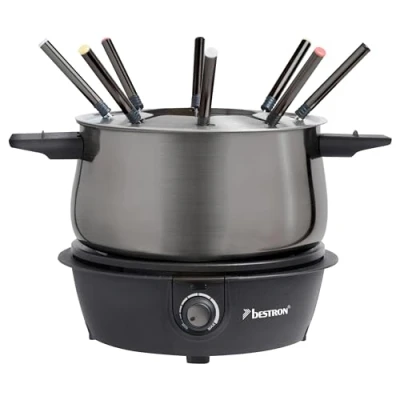 Afbeelding van Bestron Elektrische fondueset voor maximaal 8 personen, met 8x fonduevorken en traploze thermostaat, incl. spatbescherming, kleur: titaniumgrijs