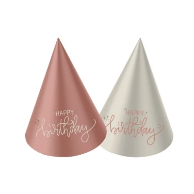 Afbeelding van Folat Mini feesthoedjes crème rose happy birthday 6 stuks