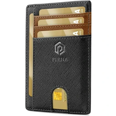 Afbeelding van Slanke Portemonnee voor Heren RFID Blokkerende Minimalistische Kaarthouder en Dames met Geschenkdoos, Slim Wallet Card Holder Zwart Bruin
