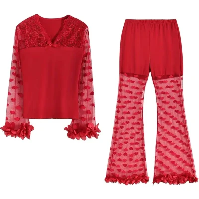 Afbeelding van pyjama set sexy dames satijn nachtkleding huispak loungewear rood apart