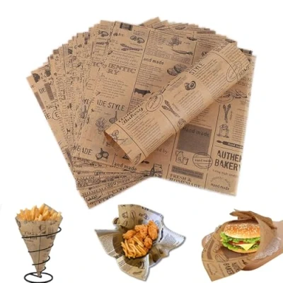 Afbeelding van 100 vellen Deli papieren vellen, bakpapier, frietpapier voor mand, groot formaat 38 x 28 cm, oliebestendig matterpapier, hamburgerpapier, wrap papier hamburgers, boterbrood, kaas, friet