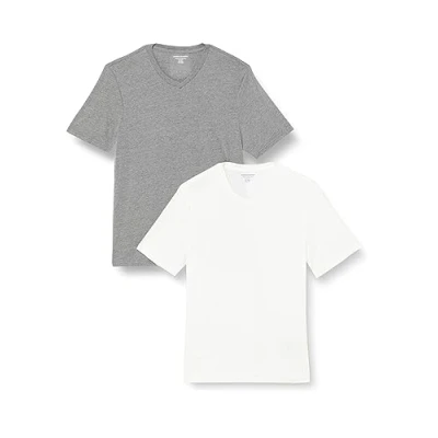 Afbeelding van Amazon Essentials Heren Regular Fit T shirt met korte mouwen en V hals (verkrijgbaar in Big &amp; Tall), 2 stuks, grijs heide/wit, Small