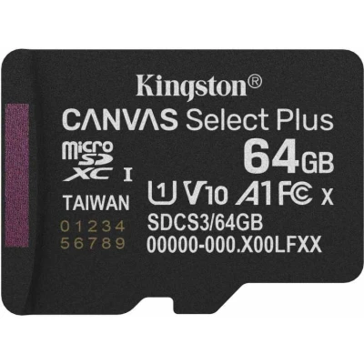 Afbeelding van Kingston Technology 64GB micSDXC Canvas Select Plus Gen3 100R A1 enkel pakket zonder ADP