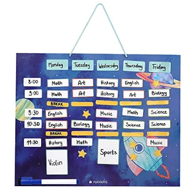 Afbeelding van Navaris magnetische weekplanner 40 x 32 cm Inclusief 115 stickers en stift Uitwisbare familieplanner Magneetbord met astronautendesign Blauw