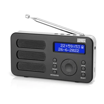 Afbeelding van Draagbare radio met DAB+/DAB/FM August MB225 RDS 40 presets radiowekker stereo/mono digitale slaaptimer dubbel alarm snooze en oplaadbare batterij audio aansluiting eenvoudig voor