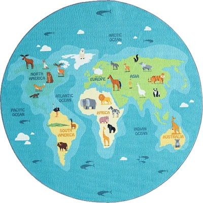 Afbeelding van the carpet Happy Life Speeltapijt voor kinderen, wereldkaart, aarde, dieren, blauw, rond, wasbaar, 200 x cm