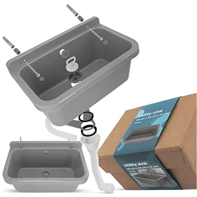 Afbeelding van Wastafel Spoelbak Wastrog 55x34x21cm Grijs Commerciële Washok Gootsteen Tuin Garage Kelder Werkplaats Wasruimte Buiten