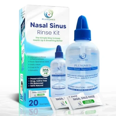 Afbeelding van Sinus Rinse Kit, Knijpfles, Neti Pot,+20 Zoutzakjes, Originele Plusqmed, nasale wassing, spoelen, Volwassenen, Kinderen vanaf 2 Jaar Oud, Neusdouche voor neusreiniging en