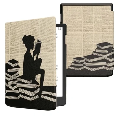 Afbeelding van kwmobile E reader hoesje geschikt voor Pocketbook InkPad Color 3 hoes flip case met magnetische sluiting Ereader cover Meisje boeken design in zwart / beige