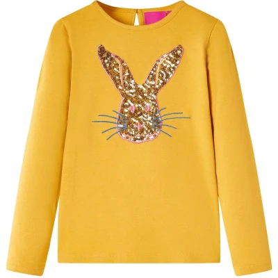 Afbeelding van Kindershirt met lange mouwen konijnenprint 116 okerkleurig