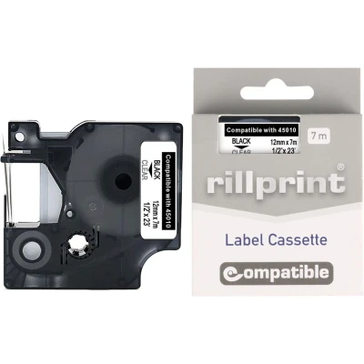 Afbeelding van Rillprint compatible D1 tape voor Dymo 45010, 12 mm, zwart op transparant beletteringsysteem