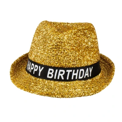 Afbeelding van Boland 00941 Hoed Sparkling Happy Birthday, verjaardag, goud, glitter, zwarte band met wit opschrift, accessoire, cadeau, outfit, feest