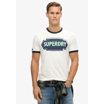 Afbeelding van Superdry Ringer Workwear Graphic Tshirt print, Heren, Maat: XL, Winter white eclipse navy