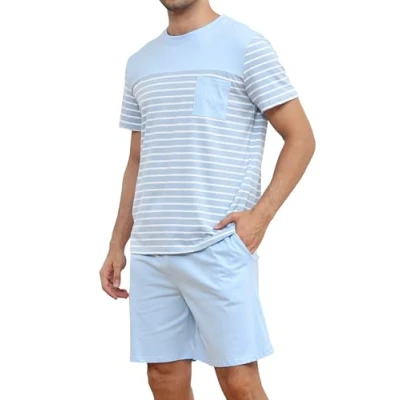 Afbeelding van Reliwel pyjama heren korte katoenen tweedelige set zomer shorty met ronde hals T shirt en pyjamabroek zak zachte nachtkleding huispak sleepwear, lichtblauw, M