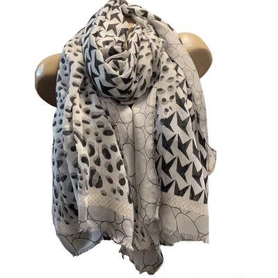 Afbeelding van Dames sjaal lang met panterprint 185/75cm zwart/wit/grijs