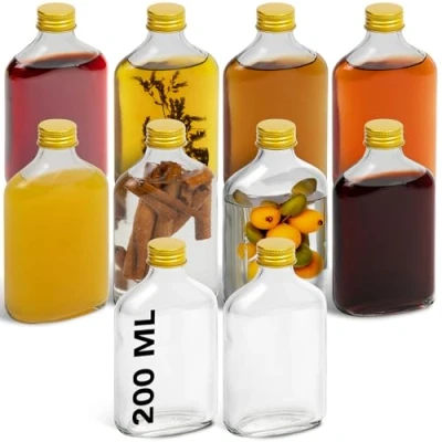 Afbeelding van HEFTMAN Flesje kleine glazen flessen 12 stuks lege van 200 ml met gouden deksel luchtdichte, herbruikbare fles deksel, perfect voor gin, wijn, azijn, zelfgemaakte