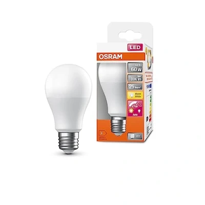Afbeelding van OSRAM SUPERSTAR+ standard 60 mat LED pære, E27 sokkel, klassisk pæreform, 8,8W, 806lm, 2700K, varmt hvidt lys, meget lavt energiforbrug, lang levetid, bevægelsessensor, automatisk nedlukning