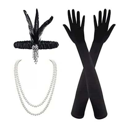 Afbeelding van MIVAIUN 3 stuks jaren 1920 flapper hoofdband accessoires set, vintage veer hoofdband, zwarte lange handschoenen, parel ketting, grote Gatsby kostuum accessoires, retro stijl haaraccessoires (3 stuks)