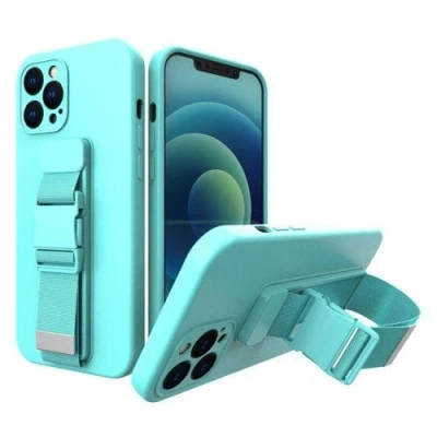 Afbeelding van Touwhoesje gelhoesje met sleutelkoord ketting handtas iPhone 13 Pro lichtblauw