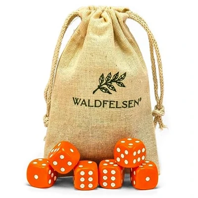 Afbeelding van Waldfelsen 6, 12, 20, 30 of 50 hoogwaardige dobbelstenen, standaardformaat, 16 mm, acryldobbelstenen, speeldobbelstenen, 6 zijdig, zeszijdig speelaccessoireset met stoffen zak (oranje,