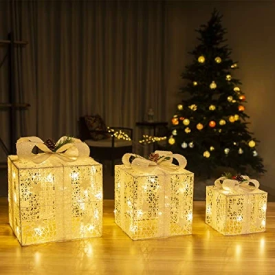 Afbeelding van GIGALUMI Led geschenkdoos, set van 3 stuks, 8 modi, 60 leds, lichtgevende kerstbox, lichtbox met stekker voor binnen, wit, kerstdecoratie, warmwit