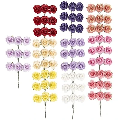 Afbeelding van Ideen mit Herz Kleine kunstrozen van papier Decoratieve bloemen met draadsteel om te bevestigen rozenkoppen ca. Ø 2,5 cm rozen, kunstbloemen, draadbloemen 10 kleuren à 9 rozen 90