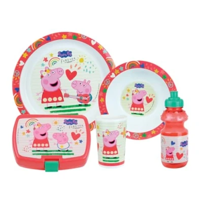 Afbeelding van Peppa Pig kinderserviesset met 1 diep bord Ø 16 cm, 22 glas 220 ml, fles 350 ml en druppeldoos, herbruikbaar servies