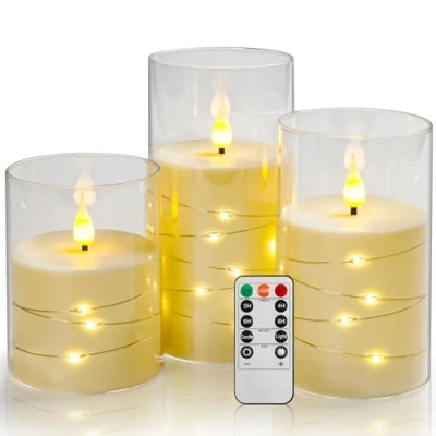 Afbeelding van Da by Flikkerende vlamloze kaarsen met ingebedde ster lichtslingers, batterij aangedreven afstandsbediening en timer, acryl LED pijler set van 3, ivoor wit