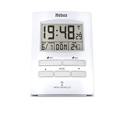 Afbeelding van MEBUS digitaler Funk Wecker mit Temperaturanzeige, zwei Weckzeiten und Kalender, Funkuhr/Material: Kunststoff/Farbe: Weiß/Modell: 51501