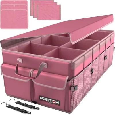 Afbeelding van FORTEM Auto Organizer, Kofferbak Achterbak Opvouwbare Organizer met Compartimenten, Antislip Bodem, Verstelbare Bevestigingsriempjes, Zacht Deksel (Roze, X Large)