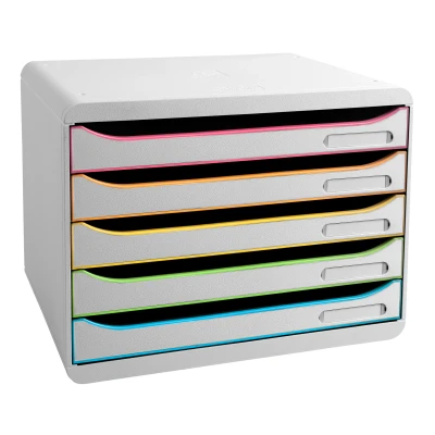 Afbeelding van Exacompta 308913D opbergbox Harlekijn met 5 laden voor DIN A4+ documenten. Belastbare ladebox hoge capaciteit meer ruimte op het bureau, Big Box Plus Horizon wit, kleurrijk