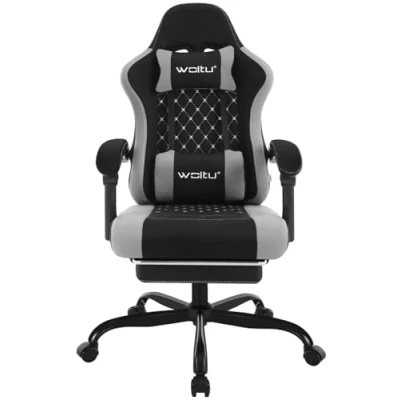 Afbeelding van WOLTU Gamingstoel met massagefunctie, computerstoel pocketveringkussen, ergonomische draaistoel hoofdkussen, lendenkussen, voetensteun, netstof, zwart + grijs, GS15szg