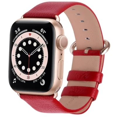 Afbeelding van Fullmosa Compatibel met Apple Watch Band41mm Series 8 7, SE 6/5/4 40mm, 3/2/1 38mm, lederen vervangende armband, 38/40/41mm Rood + Rose Gold gesp