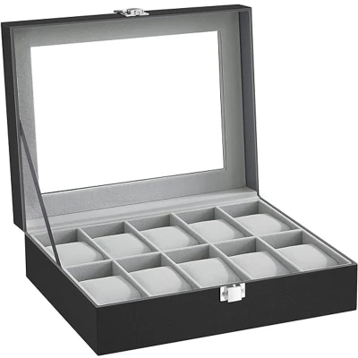 Afbeelding van Famanu horlogebox met 10 vakken, glazen deksel, horlogekast afneembare horlogekussens, SAMT bekleding, metalen gesp, gemaakt van PU, zwart, grijs, 25,4 x 7,8 20,2 cm