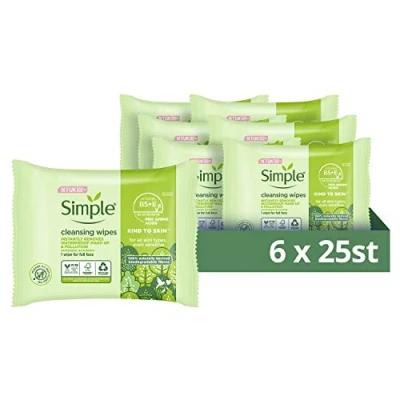 Afbeelding van Simple Kind to Skin Cleansing UK&#039;s # 1 gezicht huidverzorging merk* Facial Wipes doekjes voor de gevoelige huid 25 stuks pack van 6