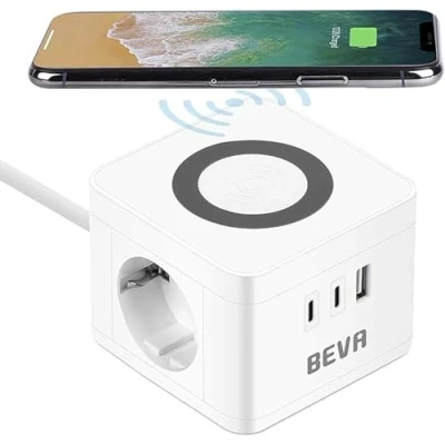 Afbeelding van BEVA kubusvormige stekkerdoos, 2 voudig + 3 USB openingen, met een draadloze oplaadfunctie, meervoudig stopcontact, desktop oplaadstation, telefoonlader voor op reis, thuis en kantoor, wit