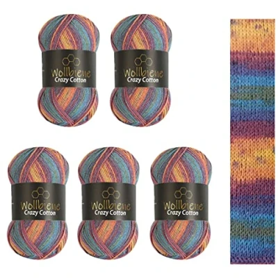 Afbeelding van Wollbiene Crazy Cotton Batik, 5 x 100 g, 500 gram met kleurverloop, 55% katoen, meerkleurig, breiwol, wol, voor het hele jaar (5040 regenboog, pastel)