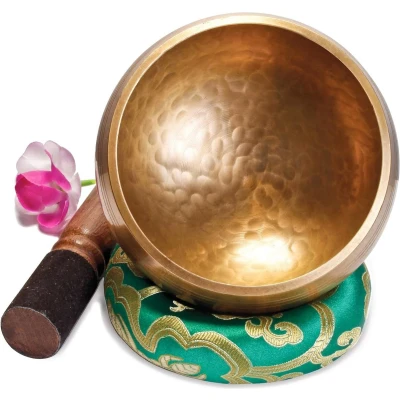 Afbeelding van Grote Originele Tibetaanse Klankschaal 13cm. Set met Klepel en Klankschaalkussen in Lokta Papieren Geschenkdoos. Singing Bowl uit Tibet