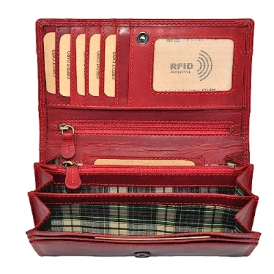 Afbeelding van Benthill Leren damesportemonnee, hoogwaardige echt lederen damesportemonnee met RFID bescherming, lange Vintage inclusief geschenkdoos, rood,