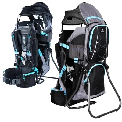 Afbeelding van DROMADER Draagzak Rugzak 12 Maanden Plus Comfortabel voor ouders Praktische zakken Zijspiegel Rugdrager peuters met regenhoes en zonnekapscherm Zwart &amp; Blauw