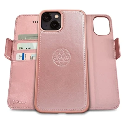 Afbeelding van Dreem Fibonacci iPhone 13 Mini Portemonnee Hoesje / 2 in 1 Schokbestendig MagSafe Compatibel en Afneembaar Luxe Vegan Lederen Folio met RFID Kaartbescherming Multi Standaard [Roos]