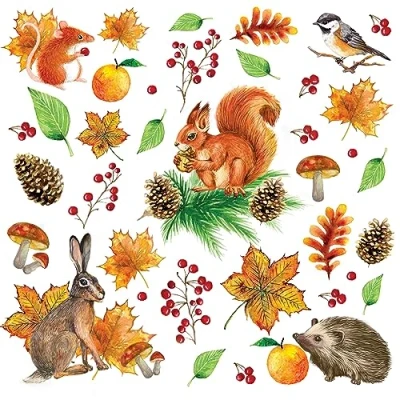 Afbeelding van 20 servetten herfst herfstbladeren en dieren als tafeldecoratie. Papieren met motief. Ook voor decoupage techniek 33 x cm