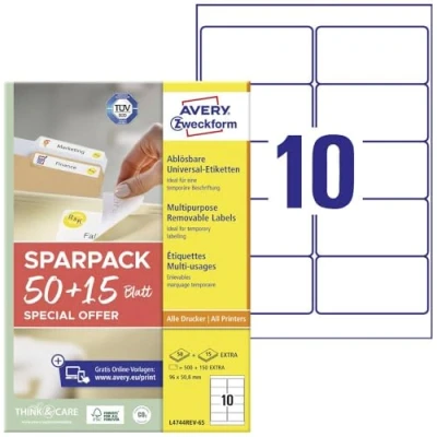 Afbeelding van Avery Zweckform L4744REV 65 Universele etiketten 96 x 50.8 mm Papier Wit vellen Weer verwijderbaar Inkjet, Laser (zwart/wit), (kleur), Kopiëren