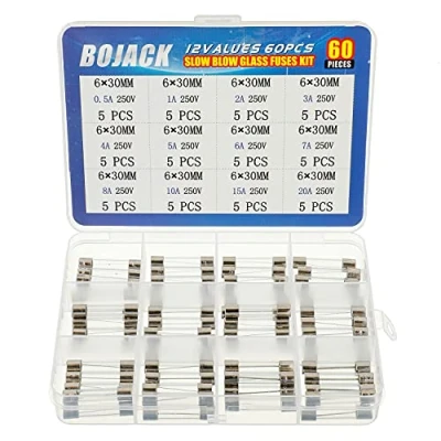 Afbeelding van BOJACK 12 waarden 60 stuks Slow Blow Glass Fuses assortimentskit 6x30 mm 250V T 0,5A 1A 2A 3A 4A 5A 6A 7A 8A 10A 15A 20A Verpakking in een doorzichtige plastic doos