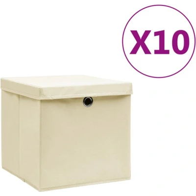 Afbeelding van Opbergboxen met deksel 10 st 28x28x28 cm crèmekleurig