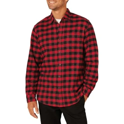 Afbeelding van Amazon Essentials Men&#039;s Flanellen overhemd met lange mouwen (verkrijgbaar in grote en maten), Zwart Rood Geruit, M