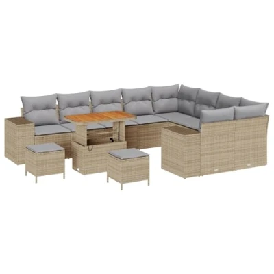 Afbeelding van vidaXL 12 delige Tuin Sofa Set met Kussens Beige Poly Rattan Acacia, 3 Eet Acacia